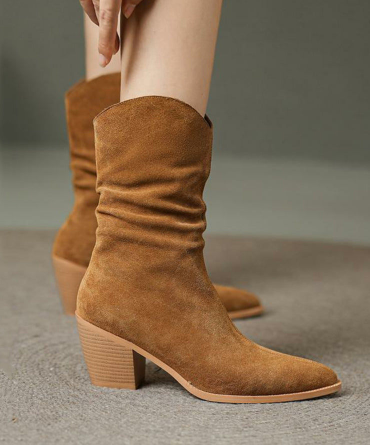 Retro Pointed Toe Chunky Heel Boots Brown Suede