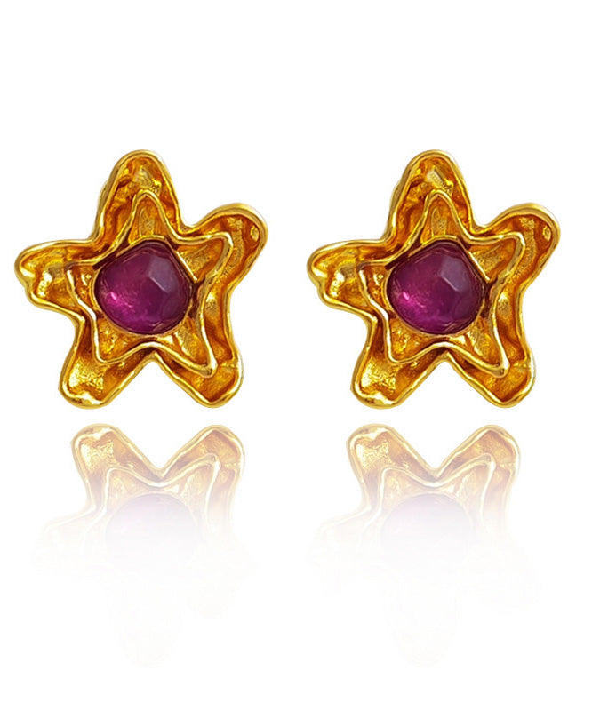 Retro Purple Copper Overgild Resin Star Stud Earrings