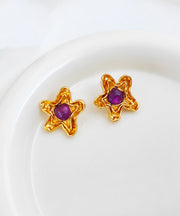 Retro Purple Copper Overgild Resin Star Stud Earrings