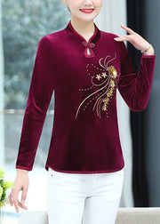 Retro Purple Embroidered Button Silk Velour T Shirt Long Sleeve