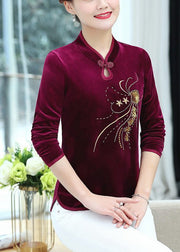 Retro Purple Embroidered Button Silk Velour T Shirt Long Sleeve