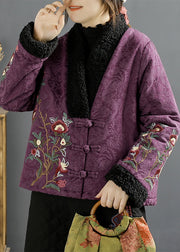 Retro Purple Embroidered Faux Fur Patchwork Fine Cotton Filled Jackets Winter
