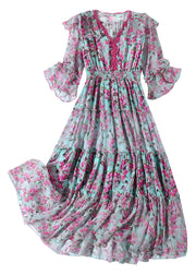 Retro Purple Flower V Neck Print Ruffles Silk Long Dresses Long Sleeve