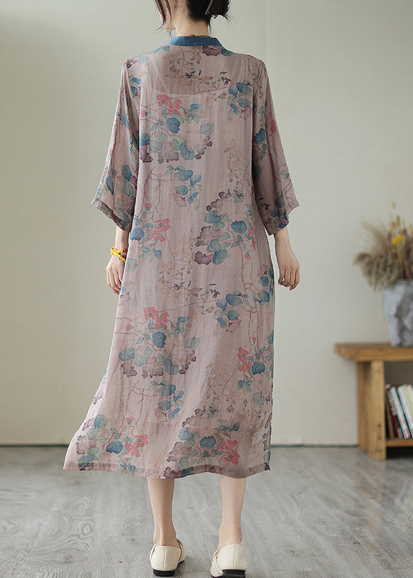 Retro Purple Grey Print Side Open Linen Long Dresses Summer