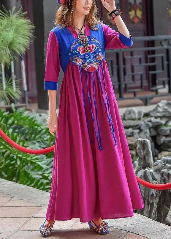Retro Purple Tasseled Embroidered Patchwork Cotton Long Dresses Spring