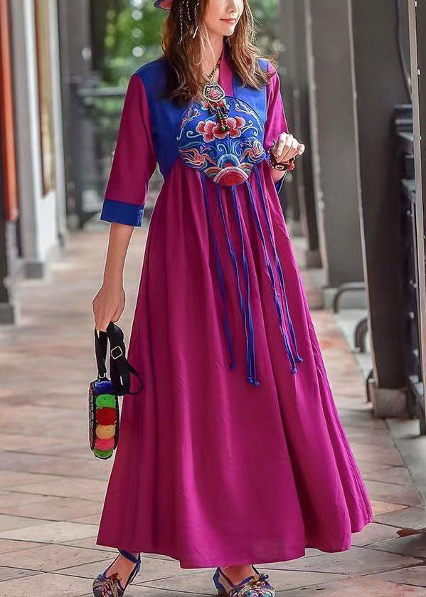 Retro Purple Tasseled Embroidered Patchwork Cotton Long Dresses Spring