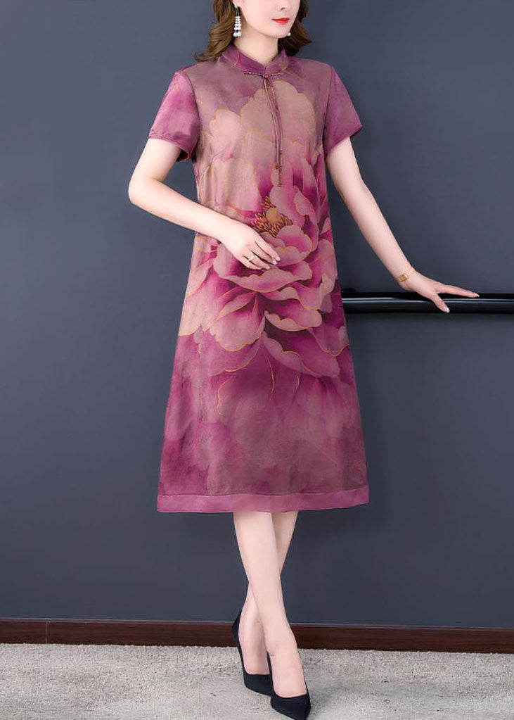 Retro Purple Tasseled Print Patchwork Silk Dresses Summer