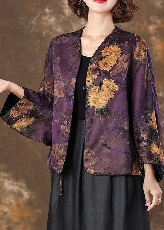 Retro Purple V Neck Print Patchwork Silk Coat Batwing Sleeve