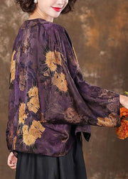 Retro Purple V Neck Print Patchwork Silk Coat Batwing Sleeve