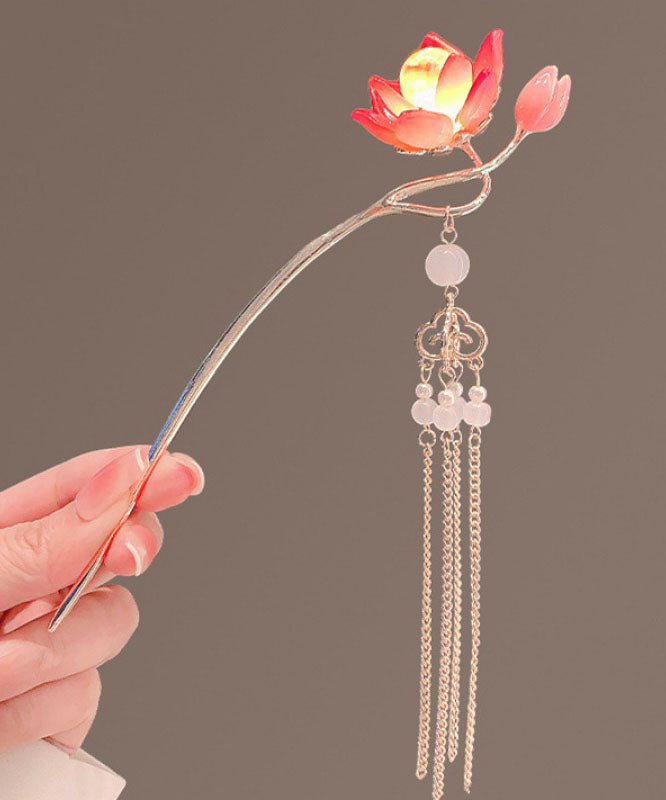 Retro Red Alloy Coloured Glaze Lotus Flower Palace Lantern Hairpin