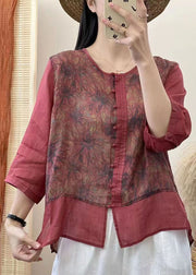 Retro Red Chinese Button Print Patchwork Linen Shirt Tops Bracelet Sleeved