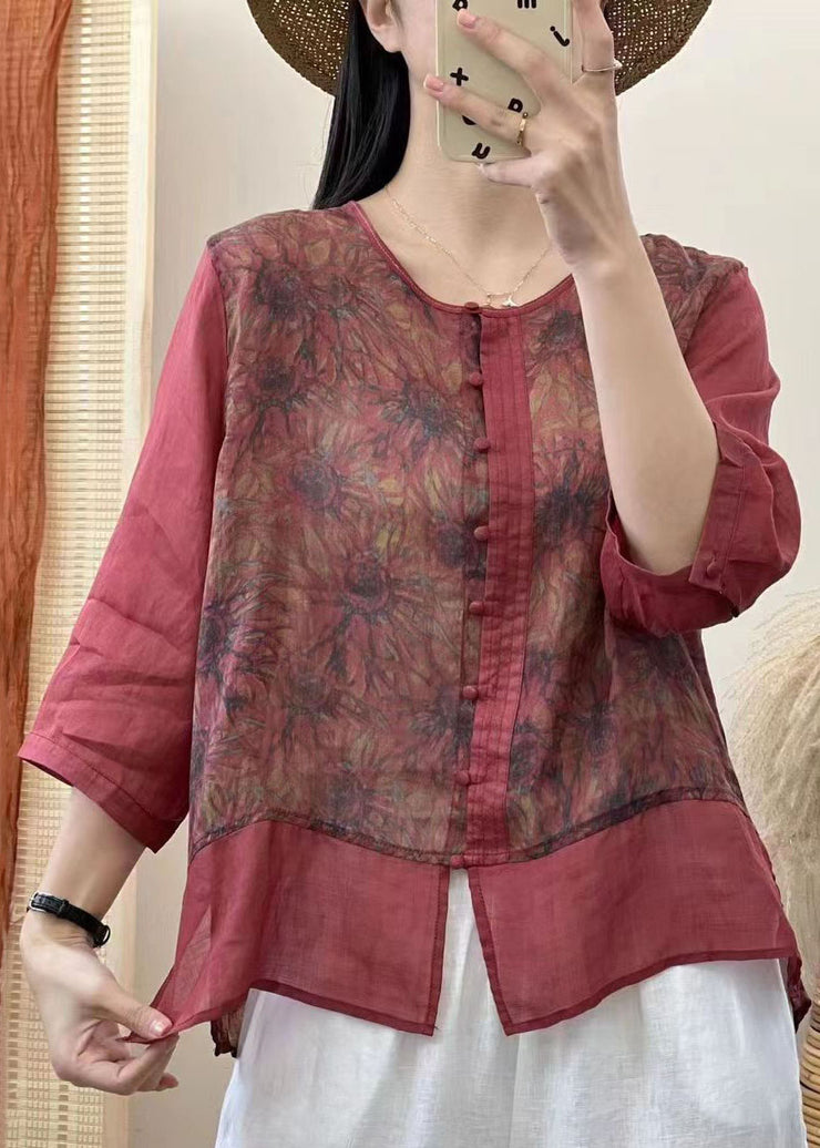 Retro Red Chinese Button Print Patchwork Linen Shirt Tops Bracelet Sleeved