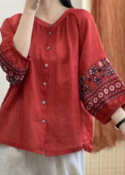 Retro Red Embroidered Button Patchwork Linen Shirt Top Lantern Sleeve