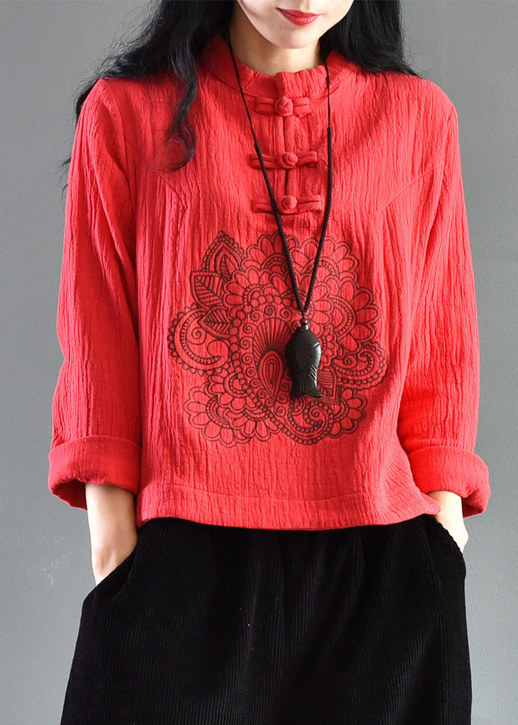 Retro Red Embroidered Chinese Button Patchwork Linen Shirts Spring