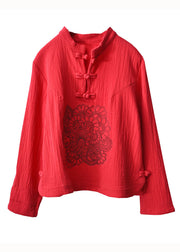 Retro Red Embroidered Chinese Button Patchwork Linen Shirts Spring
