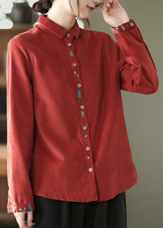 Retro Red Embroidered Patchwork Corduroy Shirt Tops Spring