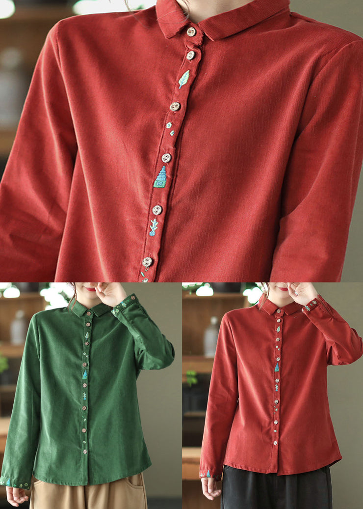 Retro Red Embroidered Patchwork Corduroy Shirt Tops Spring