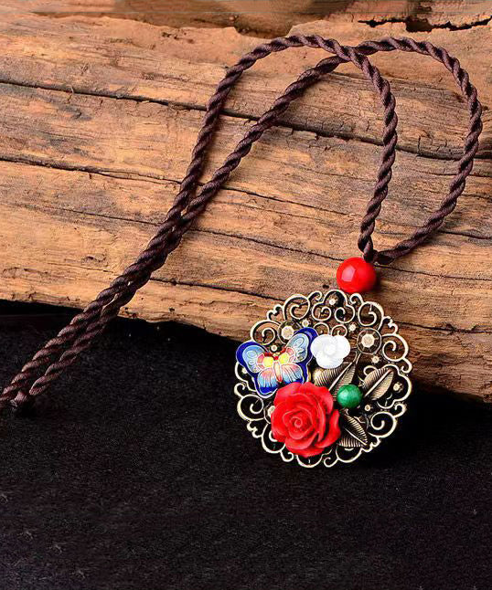 Retro Red Floral Butterfly Hollow Out Metal Pendant Necklace