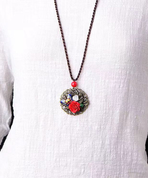 Retro Red Floral Butterfly Hollow Out Metal Pendant Necklace