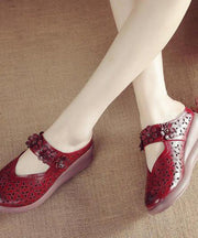 Retro Red Hollow Out Splicing Cowhide Leather Wedge Slide Sandals