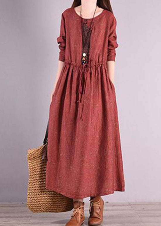 Retro Red O Neck Drawstring Patchwork Linen Long Dresses Spring