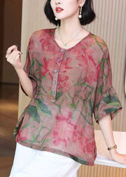 Retro Red O Neck Print Button Patchwork Linen Blouses Summer