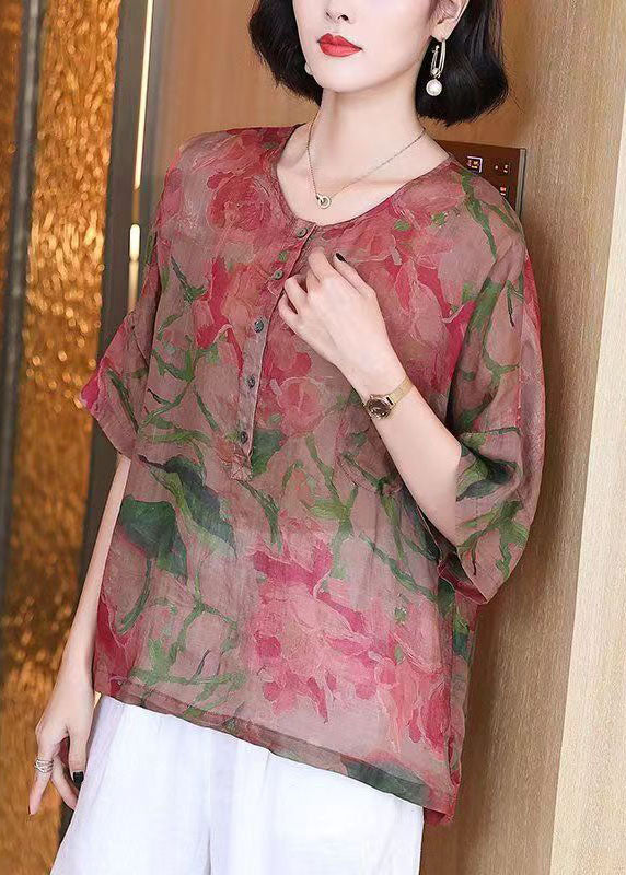 Retro Red O Neck Print Button Patchwork Linen Blouses Summer
