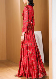 Retro Red Print Slim Fit Satin Long Dresses Spring