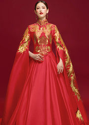 Retro Red Stand Collar Embroidered Silk Trailing Dress Long Sleeve