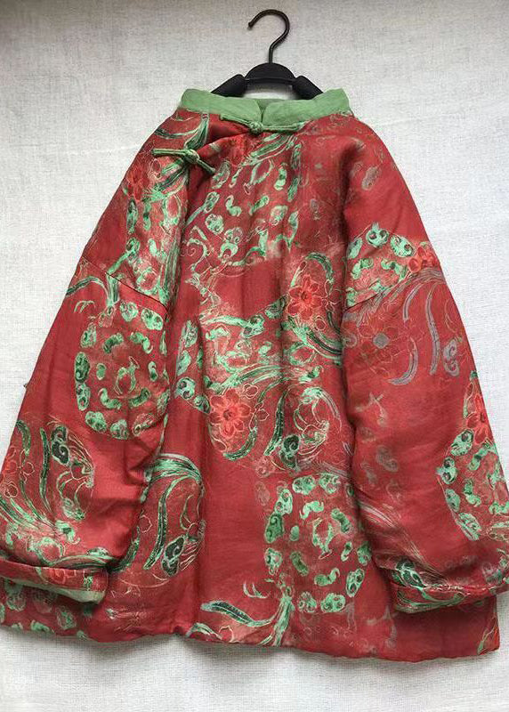 Retro Red Stand Collar Print Chinese Button Fine Cotton Filled Jackets Winter