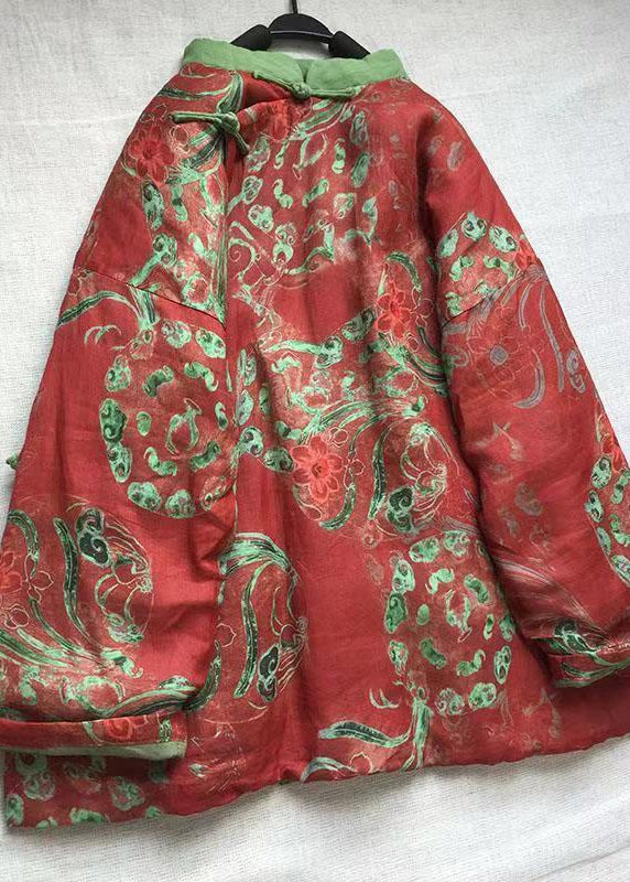 Retro Red Stand Collar Print Chinese Button Fine Cotton Filled Jackets Winter
