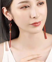 Retro Red Sterling Silver Agate Cloisonne Tassel Drop Earrings