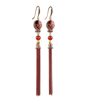 Retro Red Sterling Silver Agate Cloisonne Tassel Drop Earrings