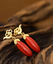 Retro Red Sterling Silver Inlaid Lingdan Vermiling Sand Drop Earrings