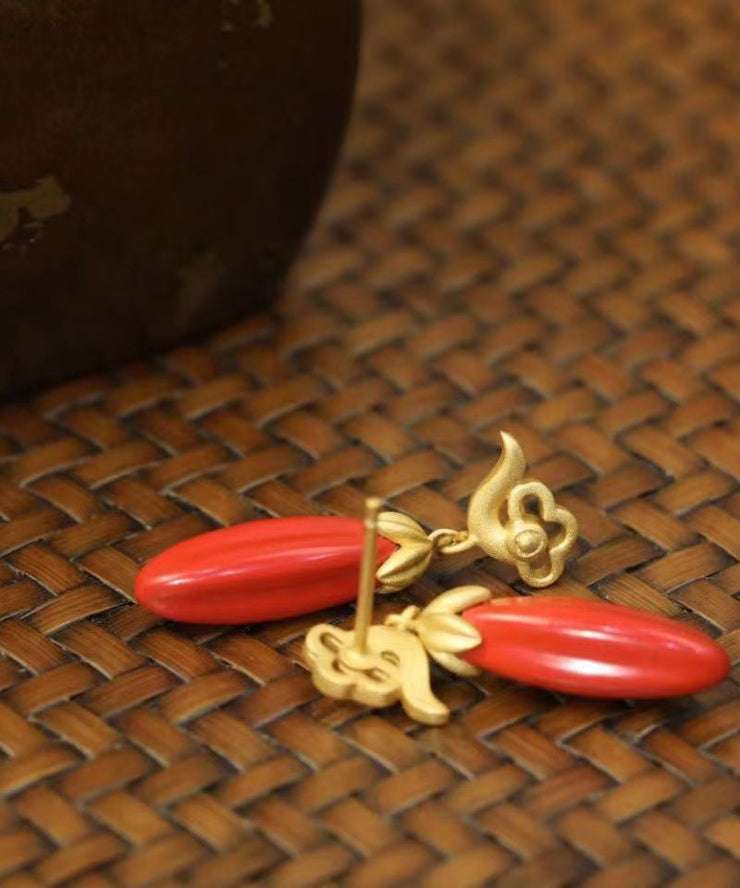 Retro Red Sterling Silver Inlaid Lingdan Vermiling Sand Drop Earrings