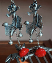 Retro Red Sterling Silver Lotus Tassel Drop Earrings