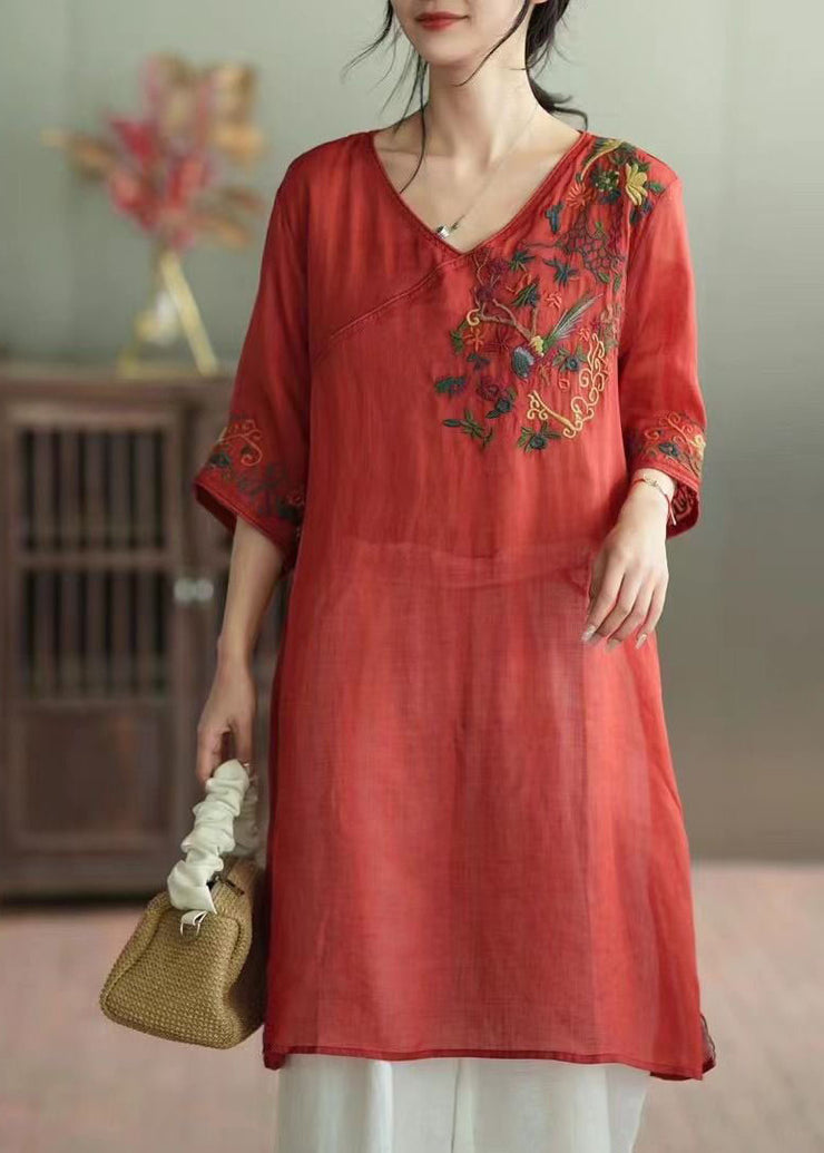 Retro Red V Neck Embroidered Patchwork Linen Mid Dress Summer