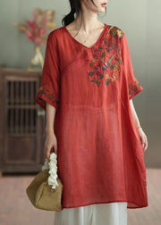 Retro Red V Neck Embroidered Patchwork Linen Mid Dress Summer