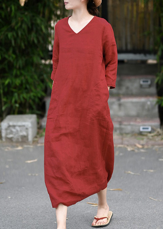 Retro Rot V-Ausschnitt Taschen Leinen langes Kleid Dreiviertelärmel