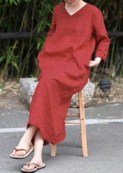 Retro Rot V-Ausschnitt Taschen Leinen langes Kleid Dreiviertelärmel
