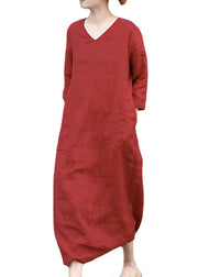 Retro Red V Neck Pockets Linen Long Dress Three Quarter Sleeve