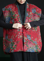 Retro Red V Neck Print Button Warm Fleece Waistcoat Winter