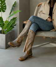 Retro Rivet Splicing Chunky Boots Grey Camel Cowhide Leather