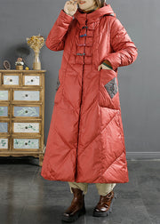 Retro Rose Hooded Pockets Chinese Button Duck Down Puffers Coat Winter