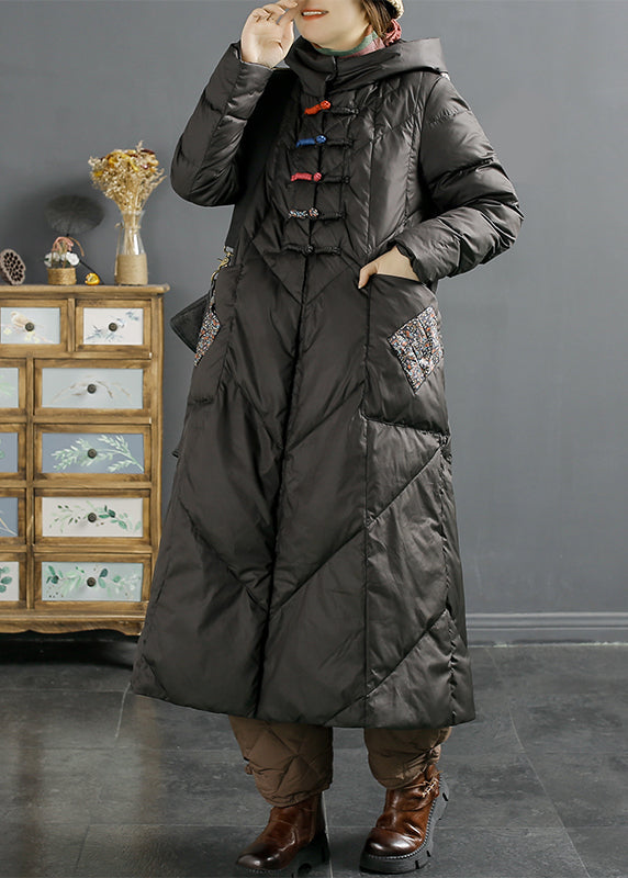 Retro Rose Hooded Pockets Chinese Button Duck Down Puffers Coat Winter
