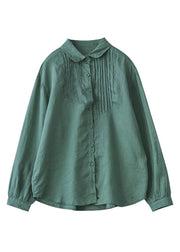 Retro Rose Peter Pan Collar Patchwork Wrinkled Button Linen Shirt Long Sleeve