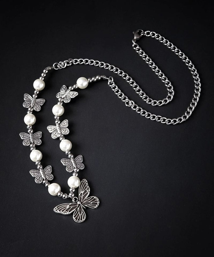 Retro Silk Stainless Steel Pearl Butterfly Pendant Necklace