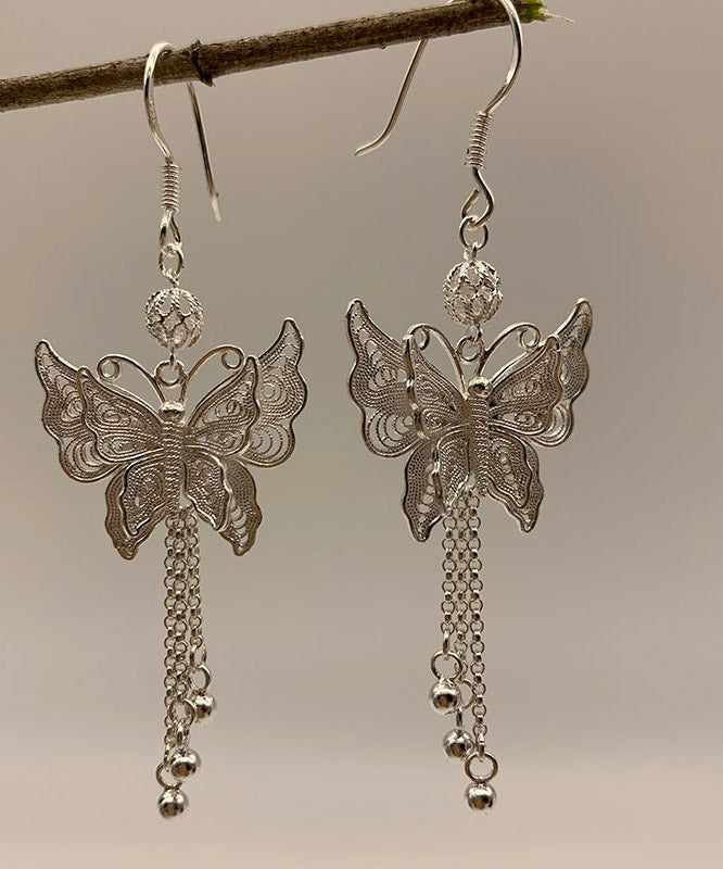 Retro Silk Sterling Silver Butterfly Tassel Drop Earrings