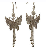 Retro Silk Sterling Silver Butterfly Tassel Drop Earrings