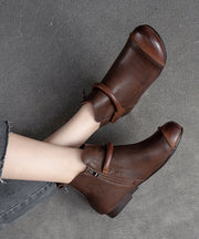 Retro Soft Splicing Ankle Boots Coffee Cowhide Leather